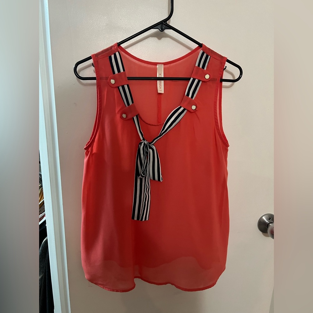 Coral Sheer Sleeveless Top with Striped Tie